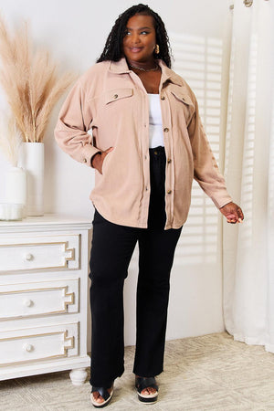 Light Apricot Button Down Plus Size Shacket - MXSTUDIO.COM