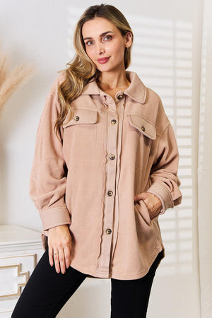 Light Apricot Button Down Plus Size Shacket - MXSTUDIO.COM