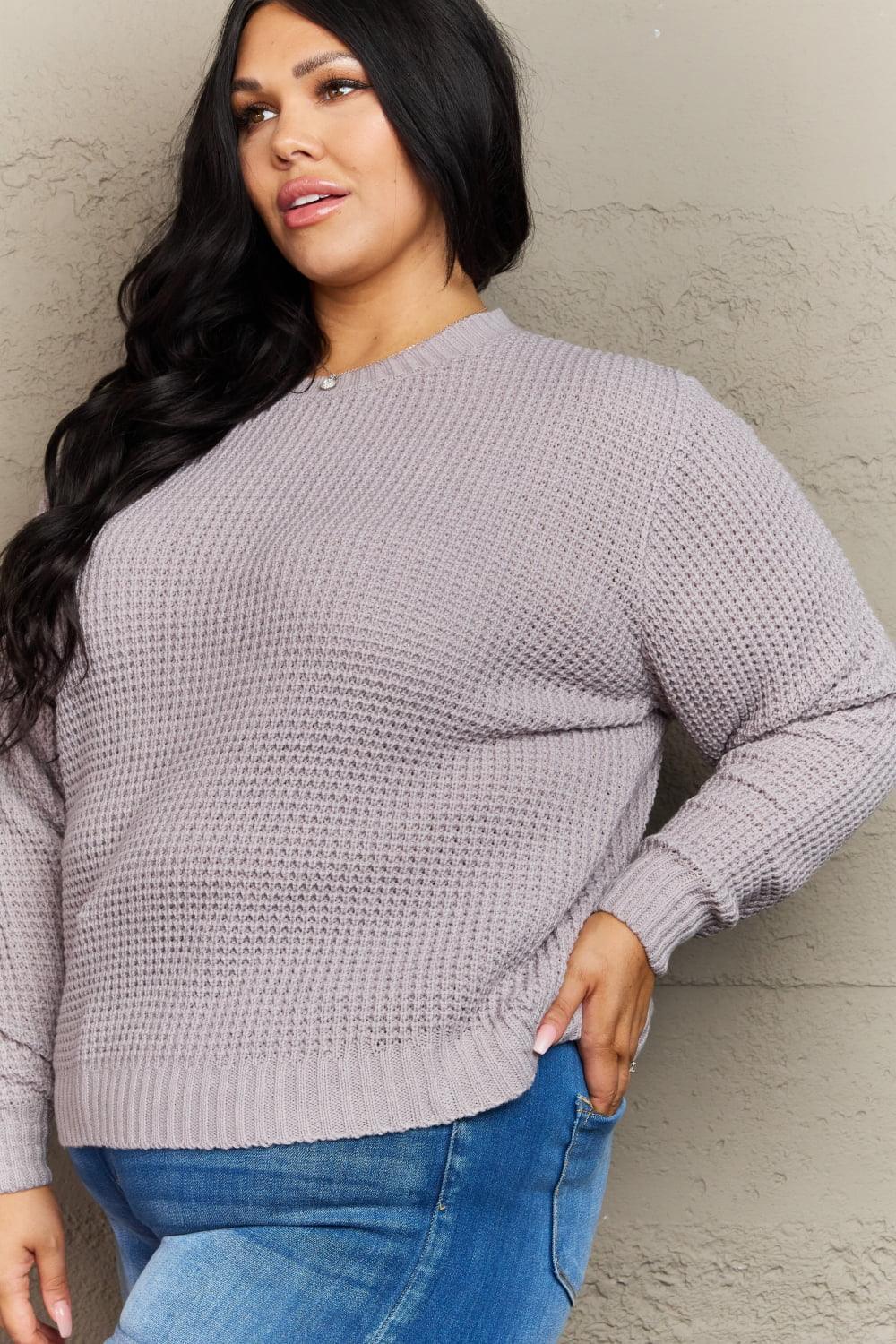 Light Gray Waffle Knit Plus Size Womens Sweater - MXSTUDIO.COM
