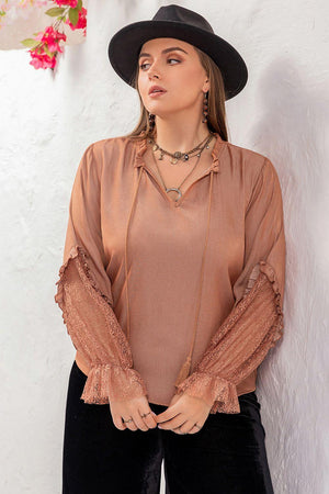 Light Mauve Plus Size Tie Neck Blouse - MXSTUDIO.COM