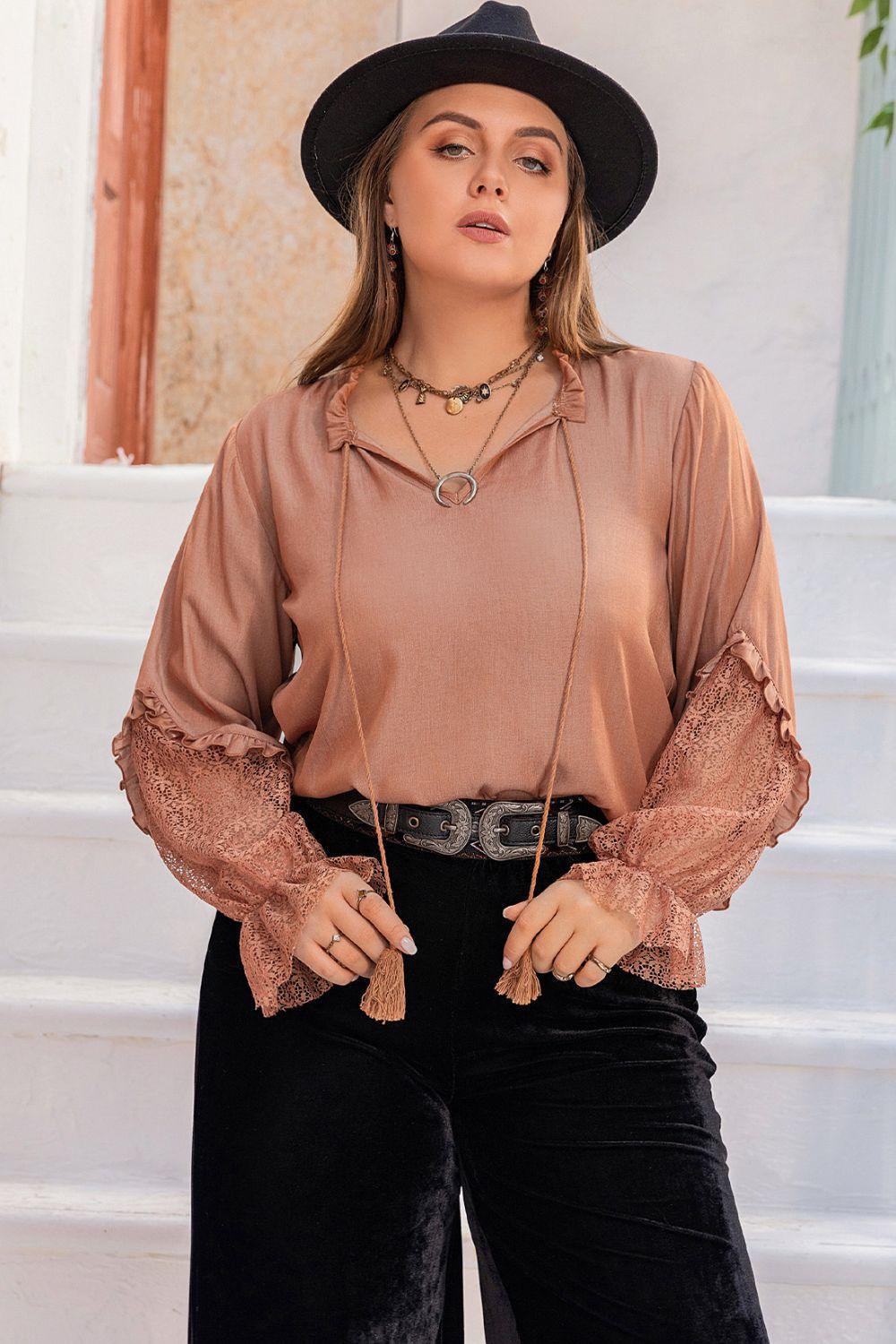 Light Mauve Plus Size Tie Neck Blouse - MXSTUDIO.COM