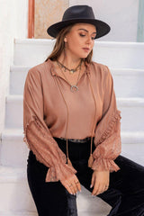 Light Mauve Plus Size Tie Neck Blouse - MXSTUDIO.COM