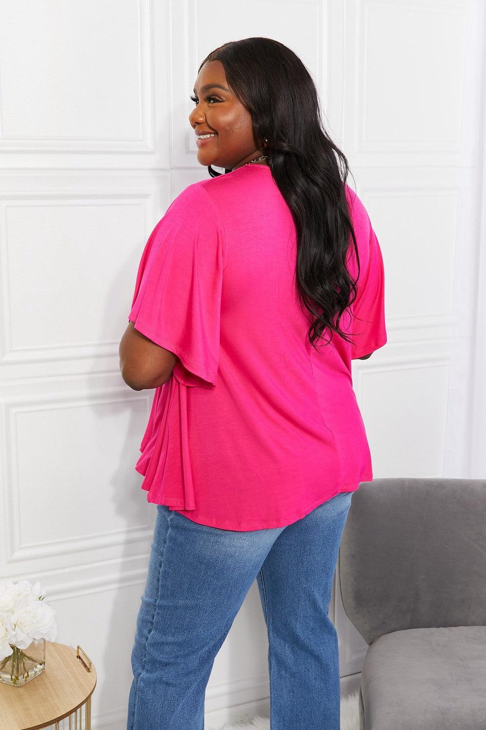 Lighten Your Day Hot Pink Plus Size Flutter Sleeve Top - MXSTUDIO.COM