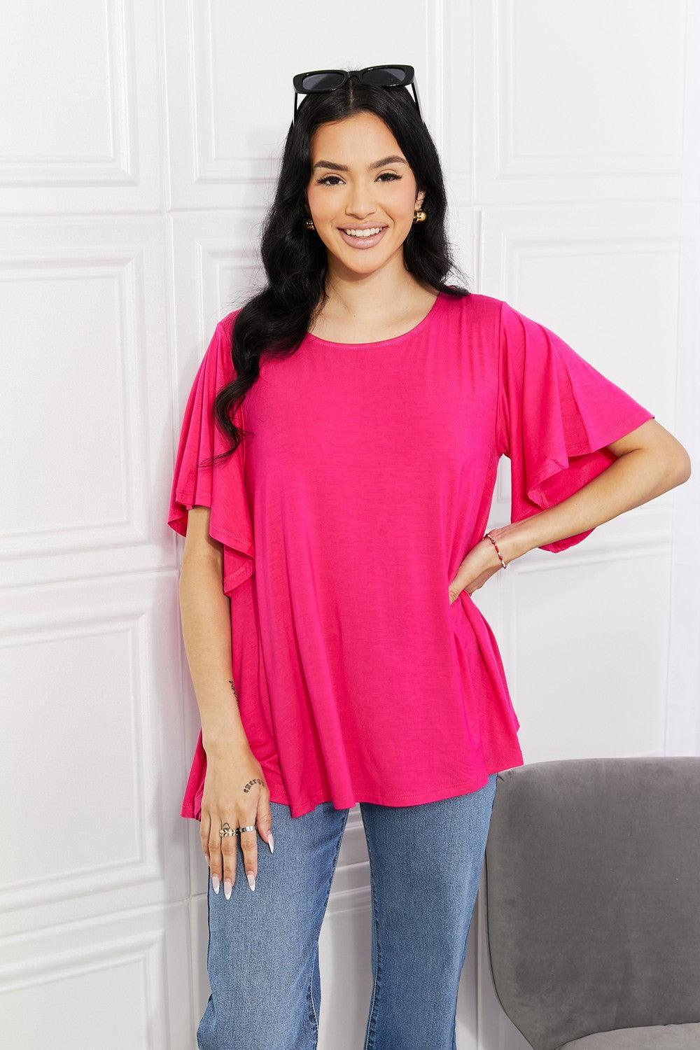 Lighten Your Day Hot Pink Plus Size Flutter Sleeve Top - MXSTUDIO.COM