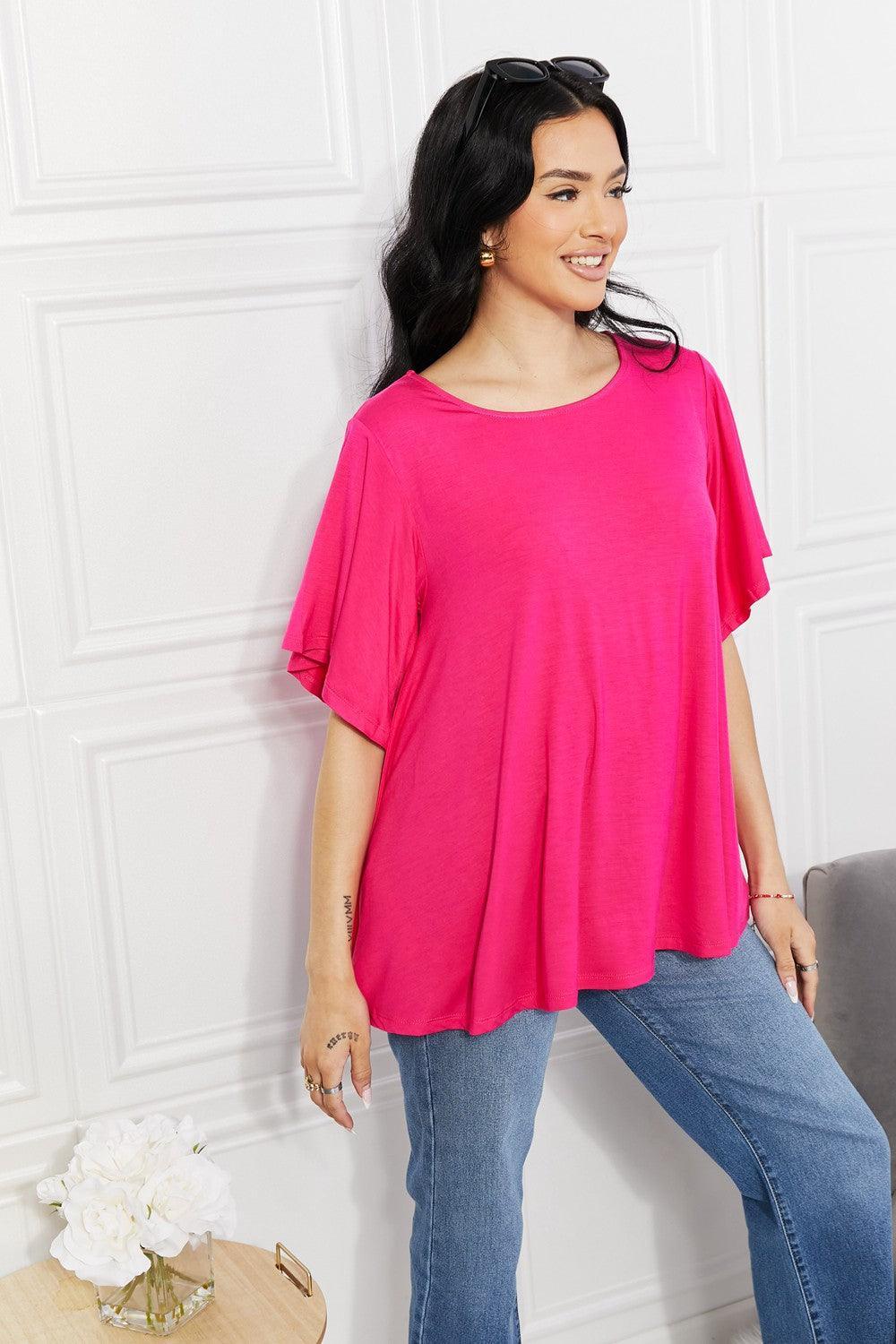 Lighten Your Day Hot Pink Plus Size Flutter Sleeve Top - MXSTUDIO.COM