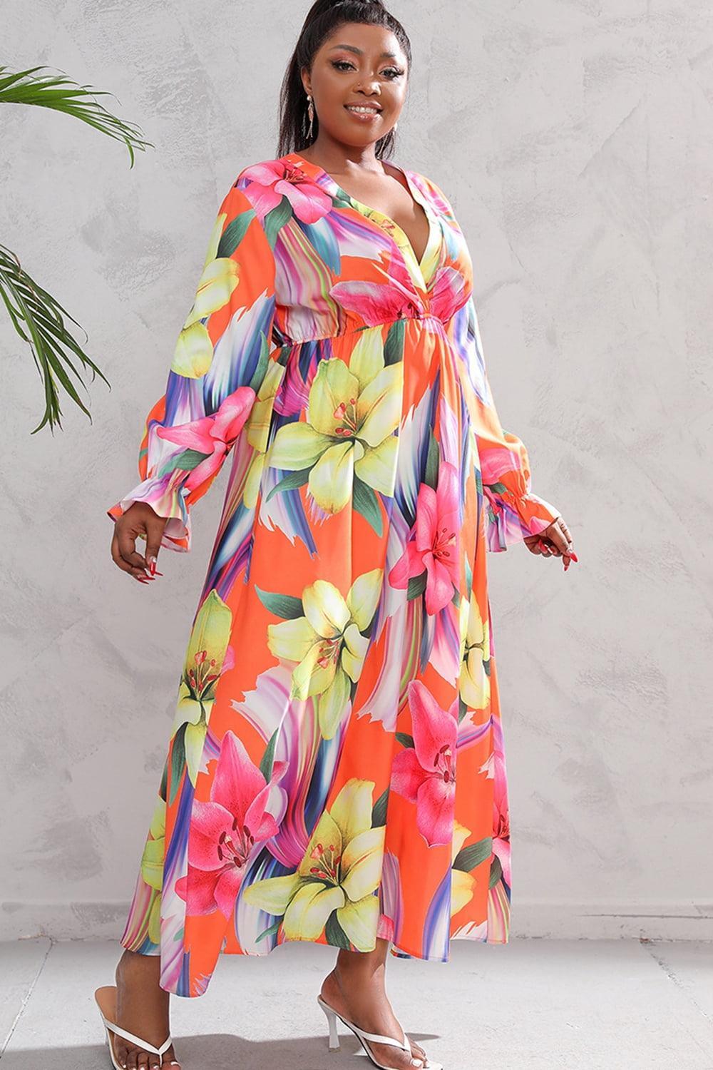 Lively Flounce Sleeve Plus Size Floral Maxi Dress - MXSTUDIO.COM
