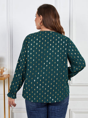 Long Flounce Sleeves Printed Green Blouse Plus Size - MXSTUDIO.COM