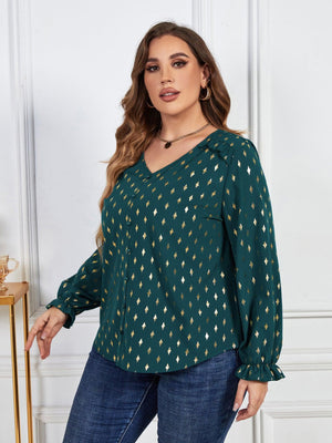 Long Flounce Sleeves Printed Green Blouse Plus Size - MXSTUDIO.COM