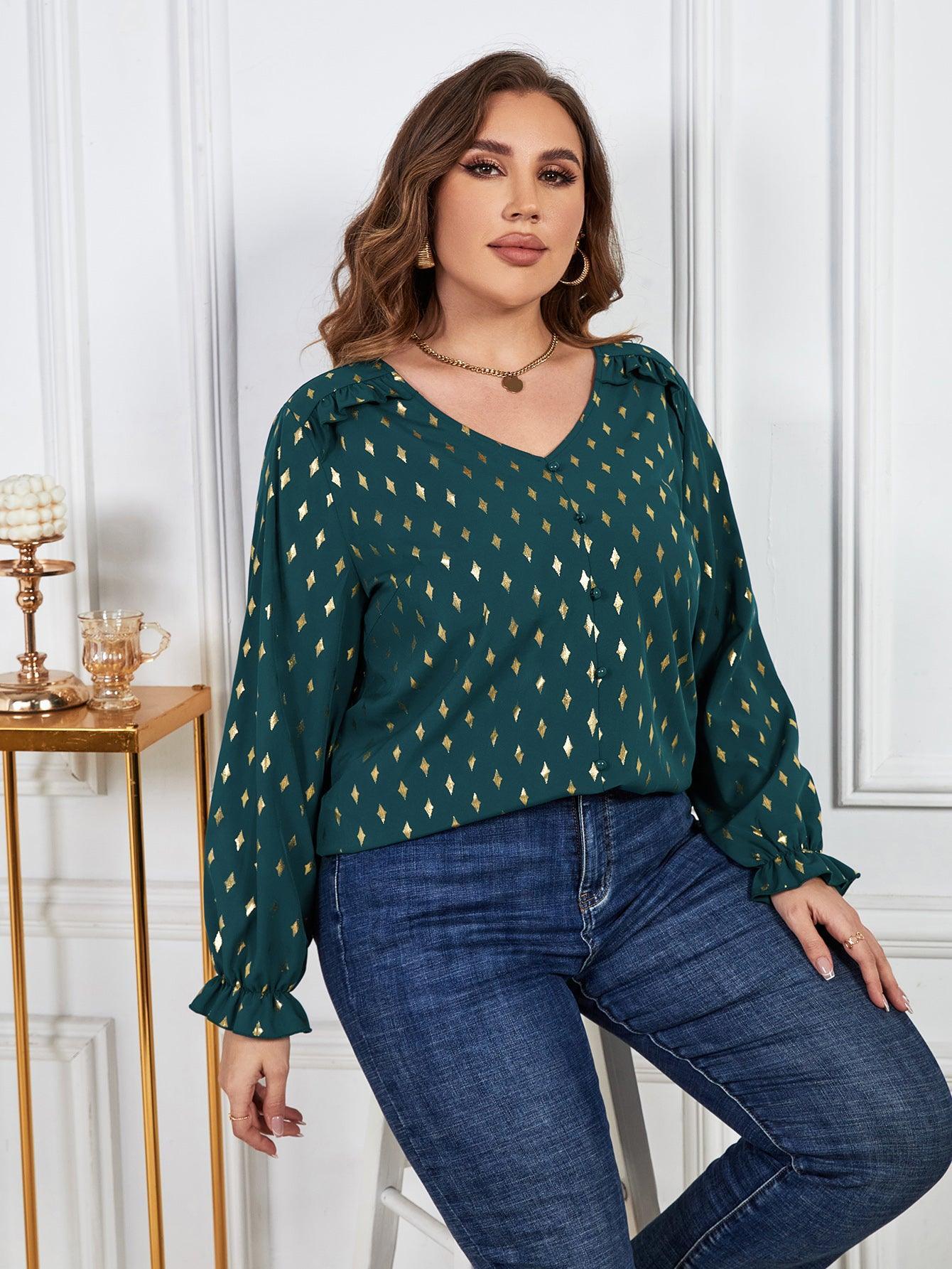 Long Flounce Sleeves Printed Green Blouse Plus Size - MXSTUDIO.COM