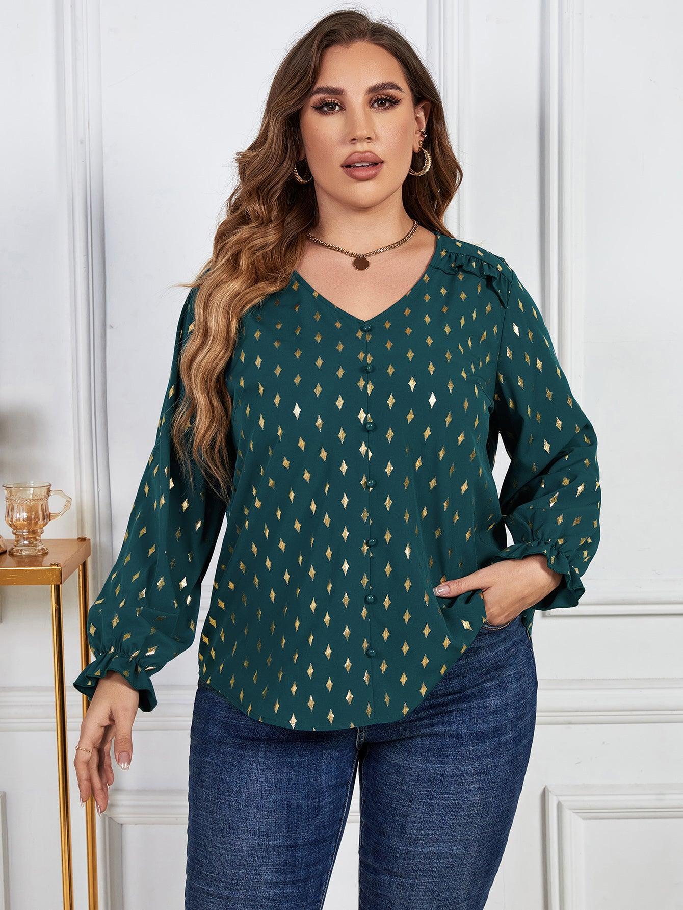 Long Flounce Sleeves Printed Green Blouse Plus Size - MXSTUDIO.COM