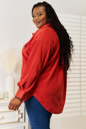 Long Puff Sleeve Rust Button Down Plus Size Shacket - MXSTUDIO.COM