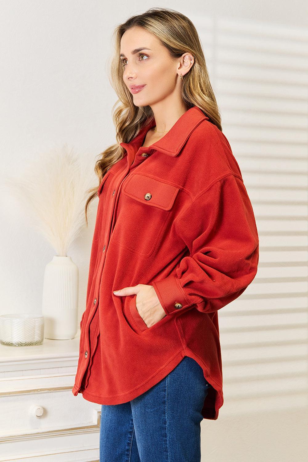 Long Puff Sleeve Rust Button Down Plus Size Shacket - MXSTUDIO.COM