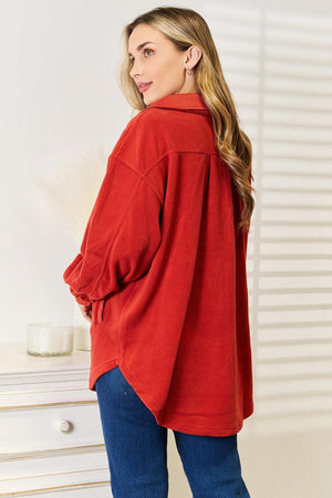 Long Puff Sleeve Rust Button Down Plus Size Shacket - MXSTUDIO.COM