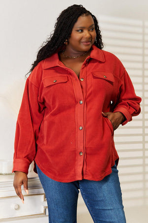 Long Puff Sleeve Rust Button Down Plus Size Shacket - MXSTUDIO.COM