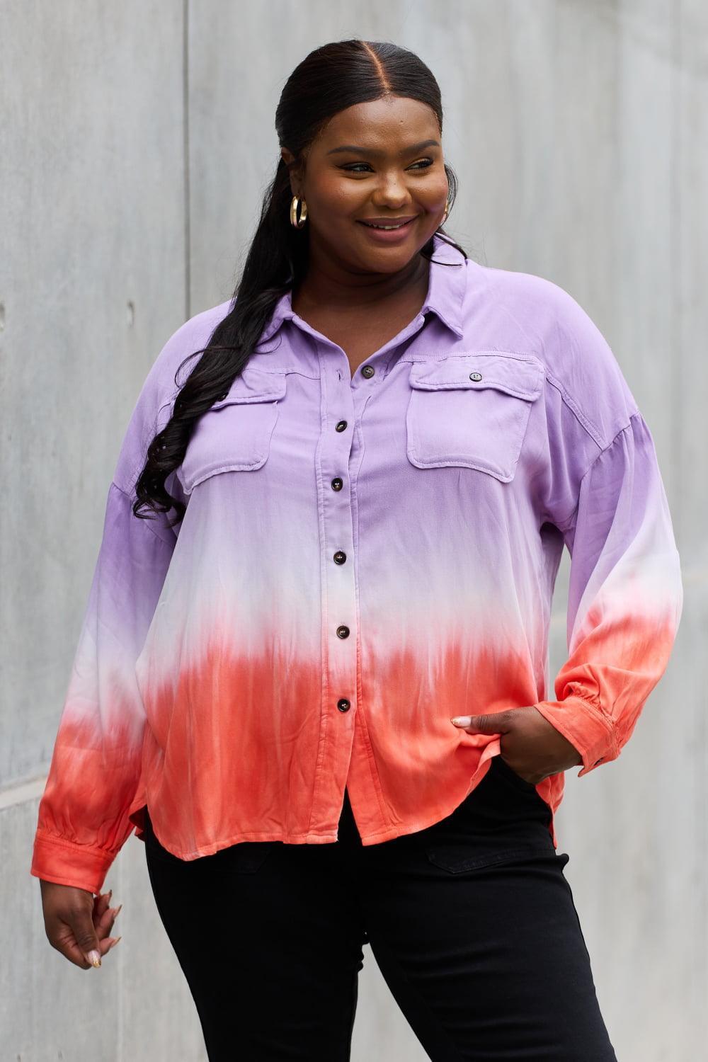 Long Sleeve Button Down Plus Size Tie Dye Top - MXSTUDIO.COM