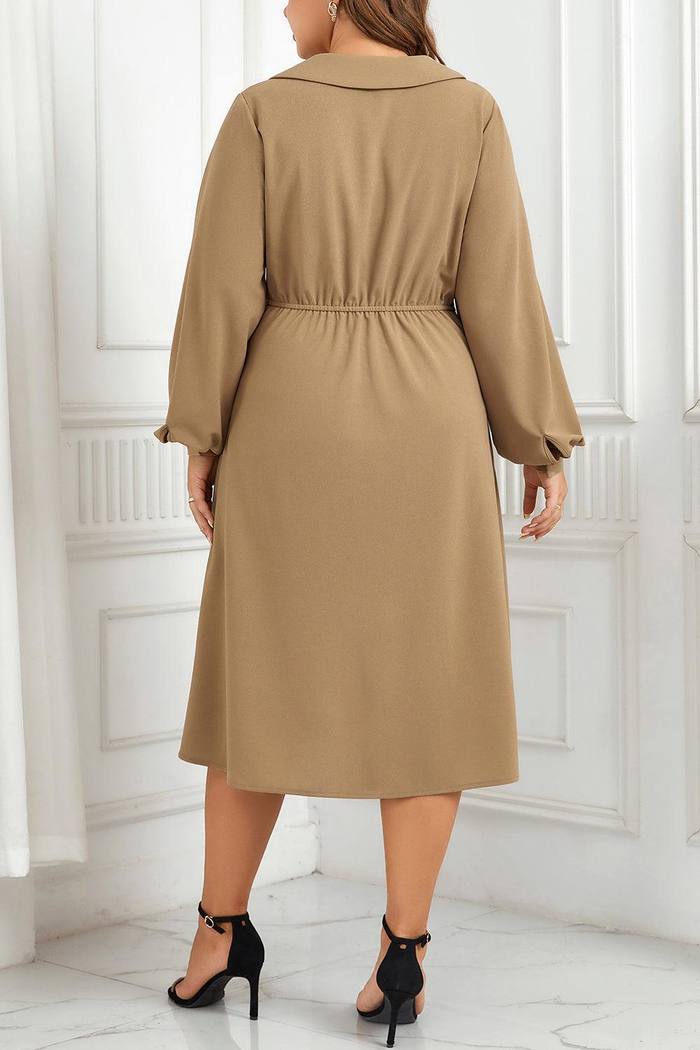 Long Sleeve Camel Plus Size Surplice Neck - MXSTUDIO.COM