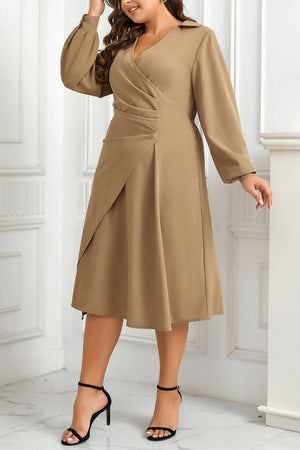 Long Sleeve Camel Plus Size Surplice Neck - MXSTUDIO.COM