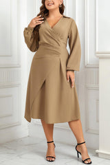 Long Sleeve Camel Plus Size Surplice Neck - MXSTUDIO.COM