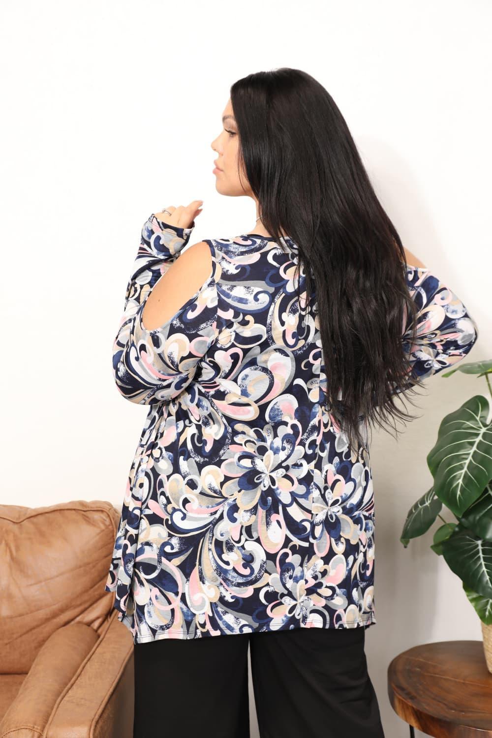 Long Sleeve Cold Shoulder Plus Size Floral Blouse - MXSTUDIO.COM