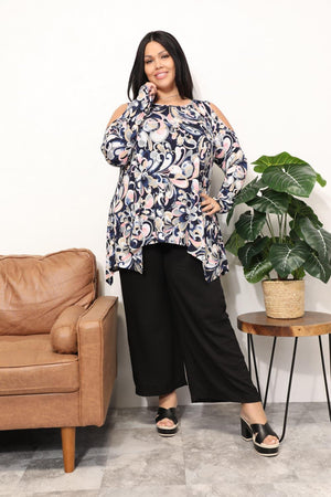 Long Sleeve Cold Shoulder Plus Size Floral Blouse - MXSTUDIO.COM