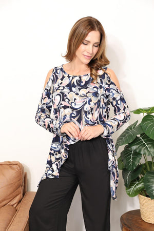 Long Sleeve Cold Shoulder Plus Size Floral Blouse - MXSTUDIO.COM