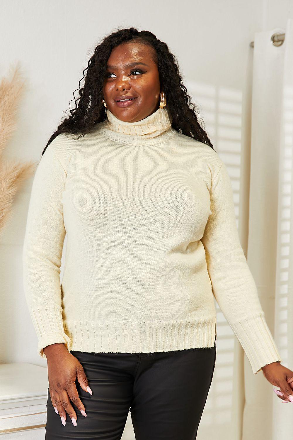 Long Sleeve Cream Plus Size Turtleneck Sweater - MXSTUDIO.COM