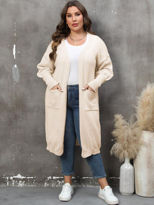 Long Sleeve Pocketed Plus Size Open Front Cardigan - MXSTUDIO.COM