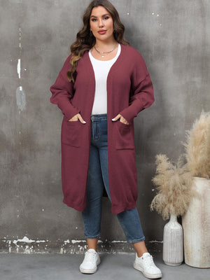 Long Sleeve Pocketed Plus Size Open Front Cardigan - MXSTUDIO.COM