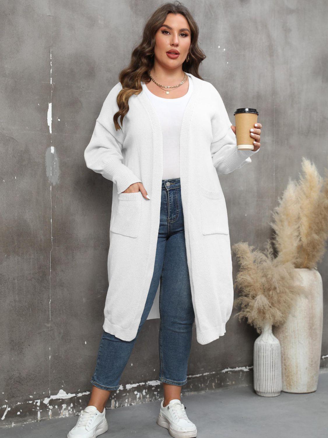 Long Sleeve Pocketed Plus Size Open Front Cardigan - MXSTUDIO.COM