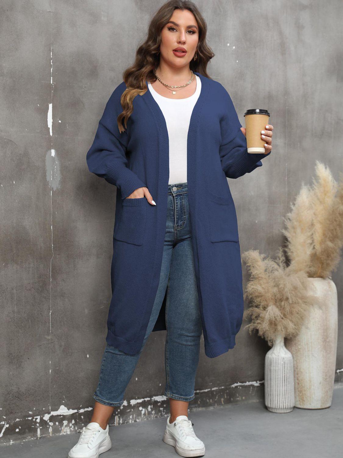 Long Sleeve Pocketed Plus Size Open Front Cardigan - MXSTUDIO.COM