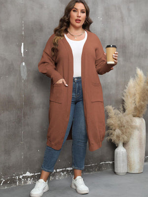 Long Sleeve Pocketed Plus Size Open Front Cardigan - MXSTUDIO.COM