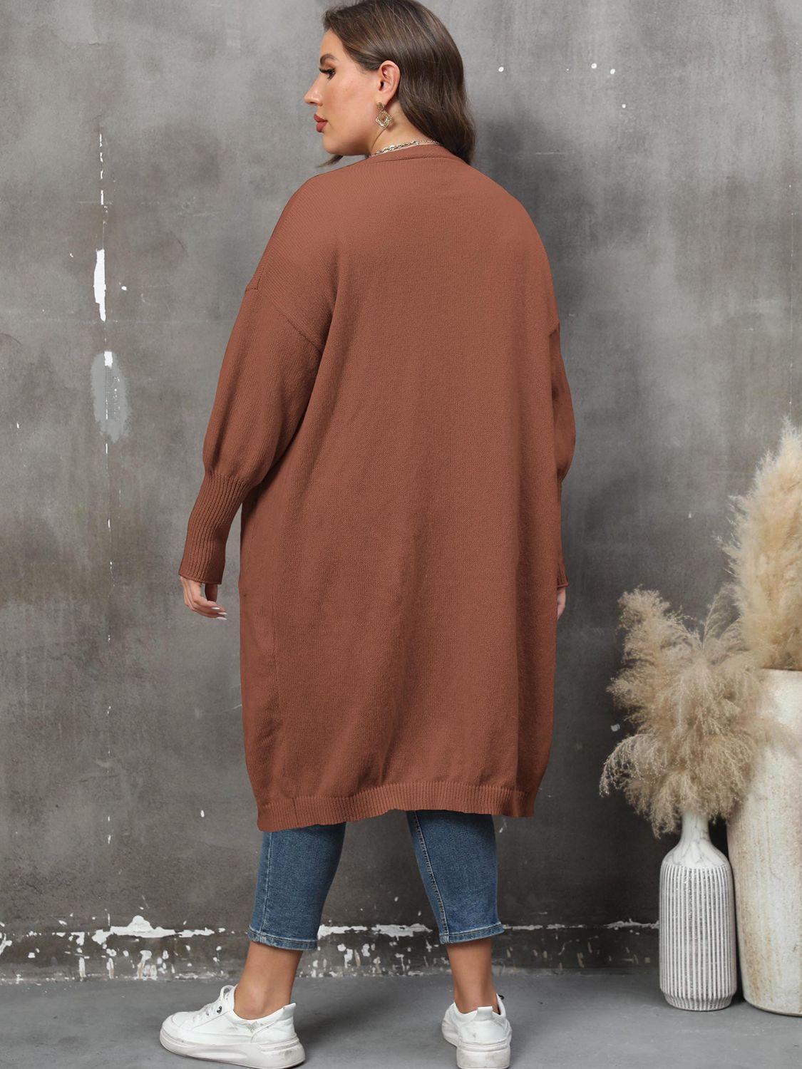 Long Sleeve Pocketed Plus Size Open Front Cardigan - MXSTUDIO.COM