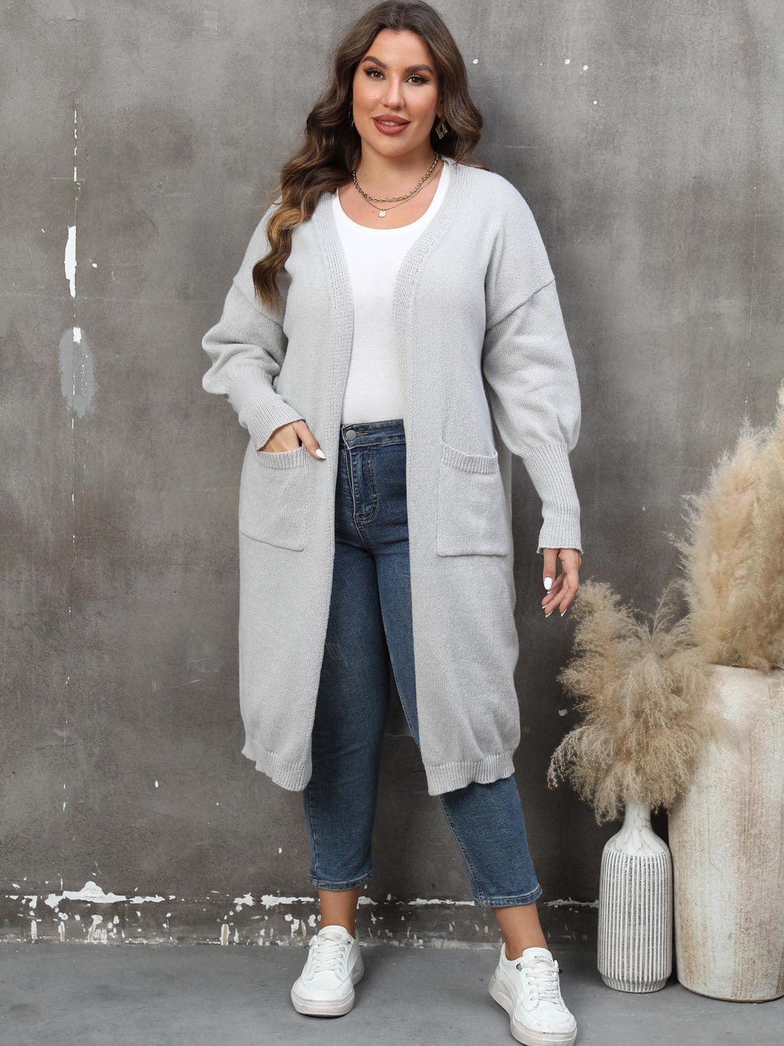 Long Sleeve Pocketed Plus Size Open Front Cardigan - MXSTUDIO.COM