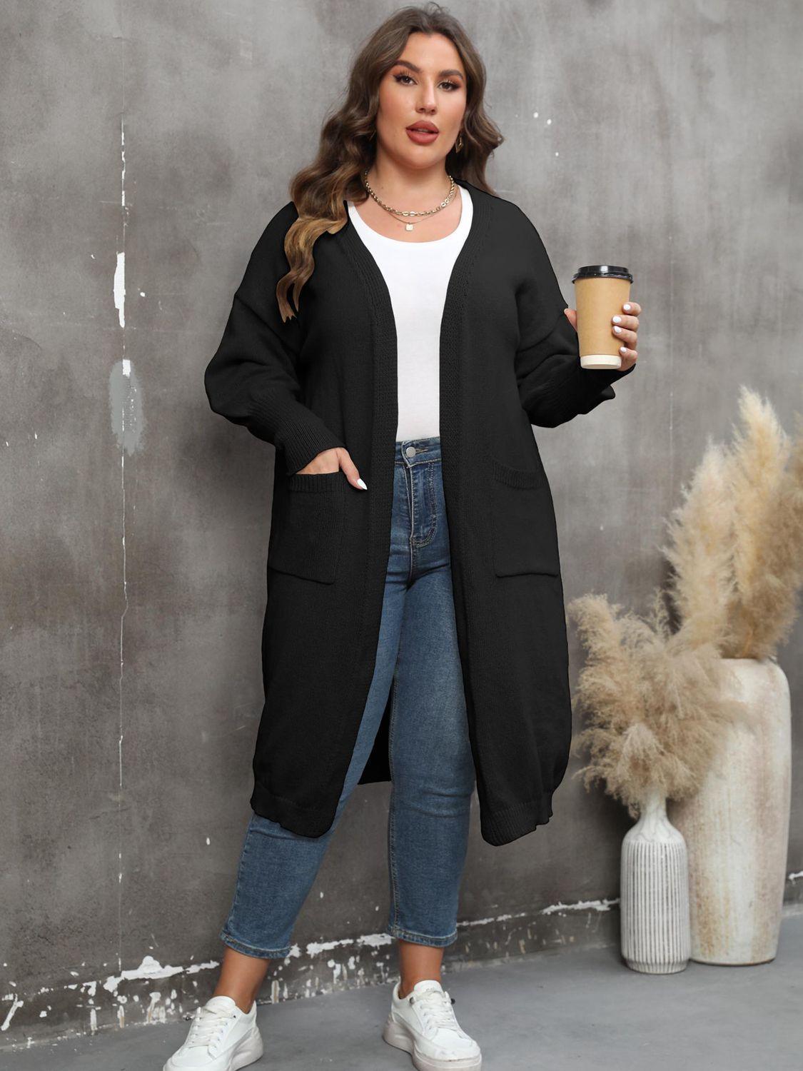 Long Sleeve Pocketed Plus Size Open Front Cardigan - MXSTUDIO.COM