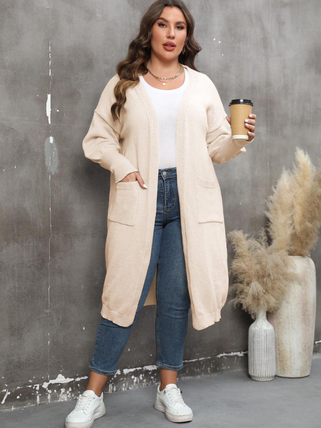 Long Sleeve Pocketed Plus Size Open Front Cardigan - MXSTUDIO.COM