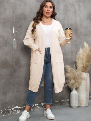 Long Sleeve Pocketed Plus Size Open Front Cardigan - MXSTUDIO.COM