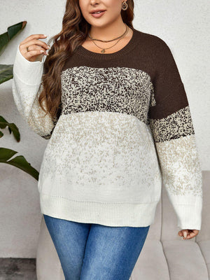 Long Sleeve Printed Plus Size Color Block Sweater - MXSTUDIO.COM