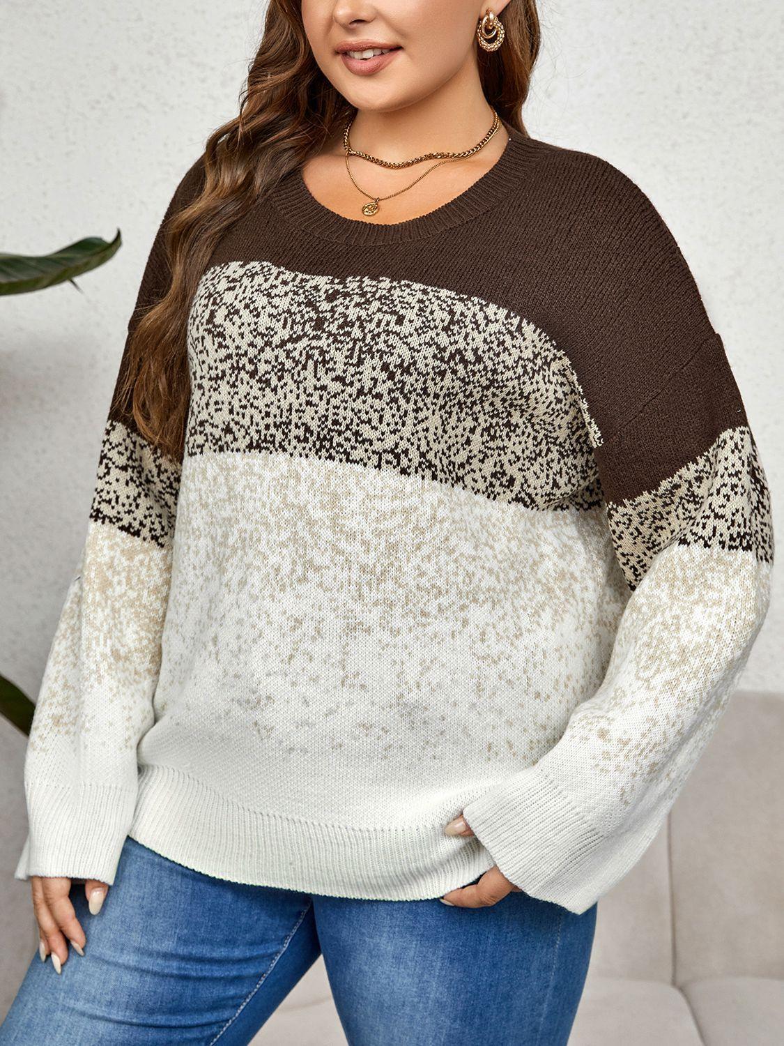 Long Sleeve Printed Plus Size Color Block Sweater - MXSTUDIO.COM