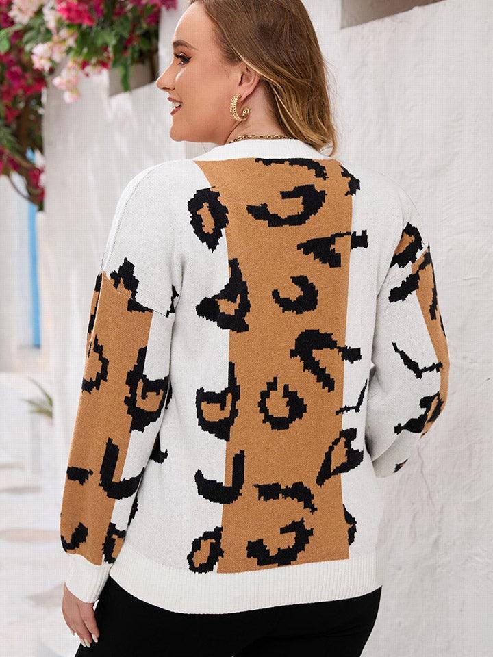 Long Sleeve V-Neck Plus Size Leopard Sweater - MXSTUDIO.COM