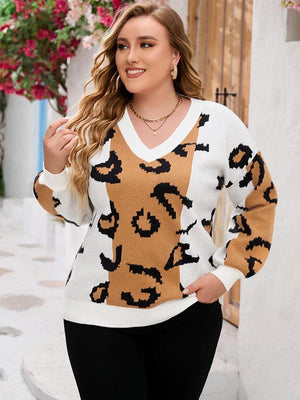 Long Sleeve V-Neck Plus Size Leopard Sweater - MXSTUDIO.COM