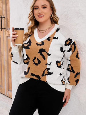 Long Sleeve V-Neck Plus Size Leopard Sweater - MXSTUDIO.COM