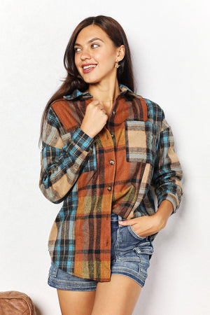 Long Sleeves Curved Hem Plus Size Plaid Shacket - MXSTUDIO.COM