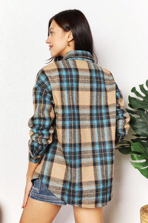 Long Sleeves Curved Hem Plus Size Plaid Shacket - MXSTUDIO.COM