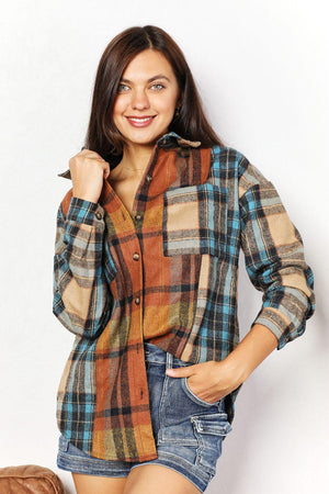 Long Sleeves Curved Hem Plus Size Plaid Shacket - MXSTUDIO.COM