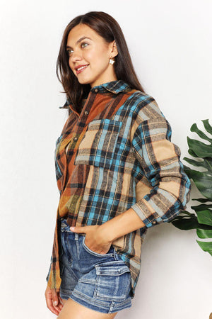 Long Sleeves Curved Hem Plus Size Plaid Shacket - MXSTUDIO.COM