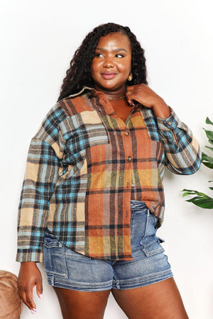 Long Sleeves Curved Hem Plus Size Plaid Shacket - MXSTUDIO.COM