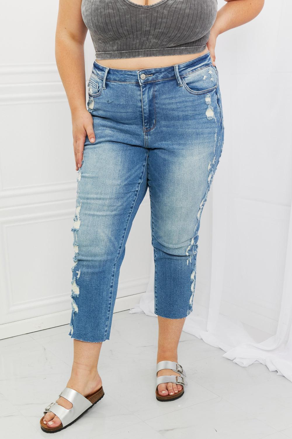 Look Great Plus Size Distressed Cropped Jeans - MXSTUDIO.COM