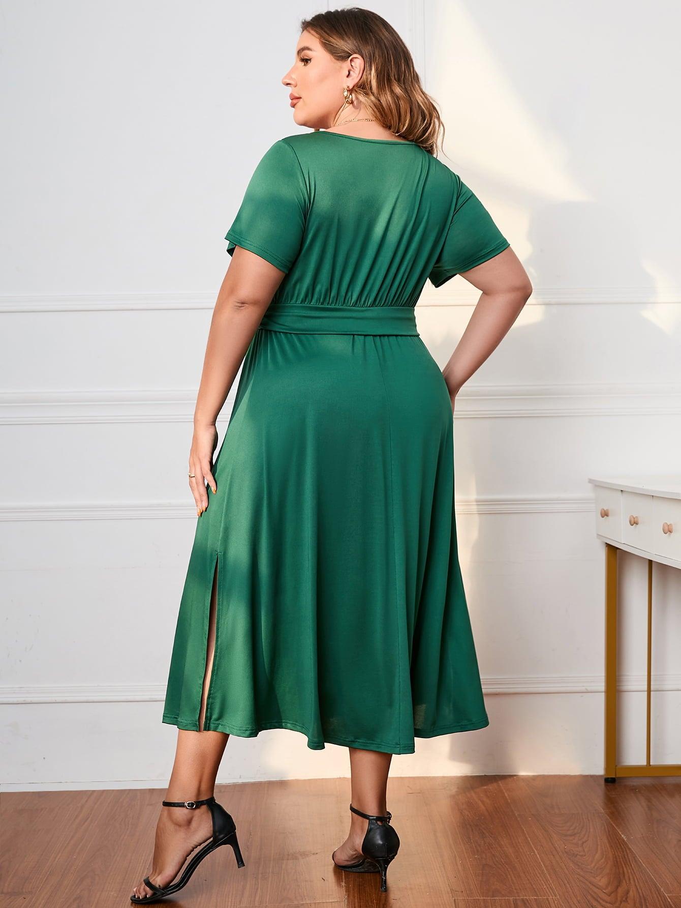 Lush And Easy Short Sleeve Plus Size Green Midi Dress - MXSTUDIO.COM