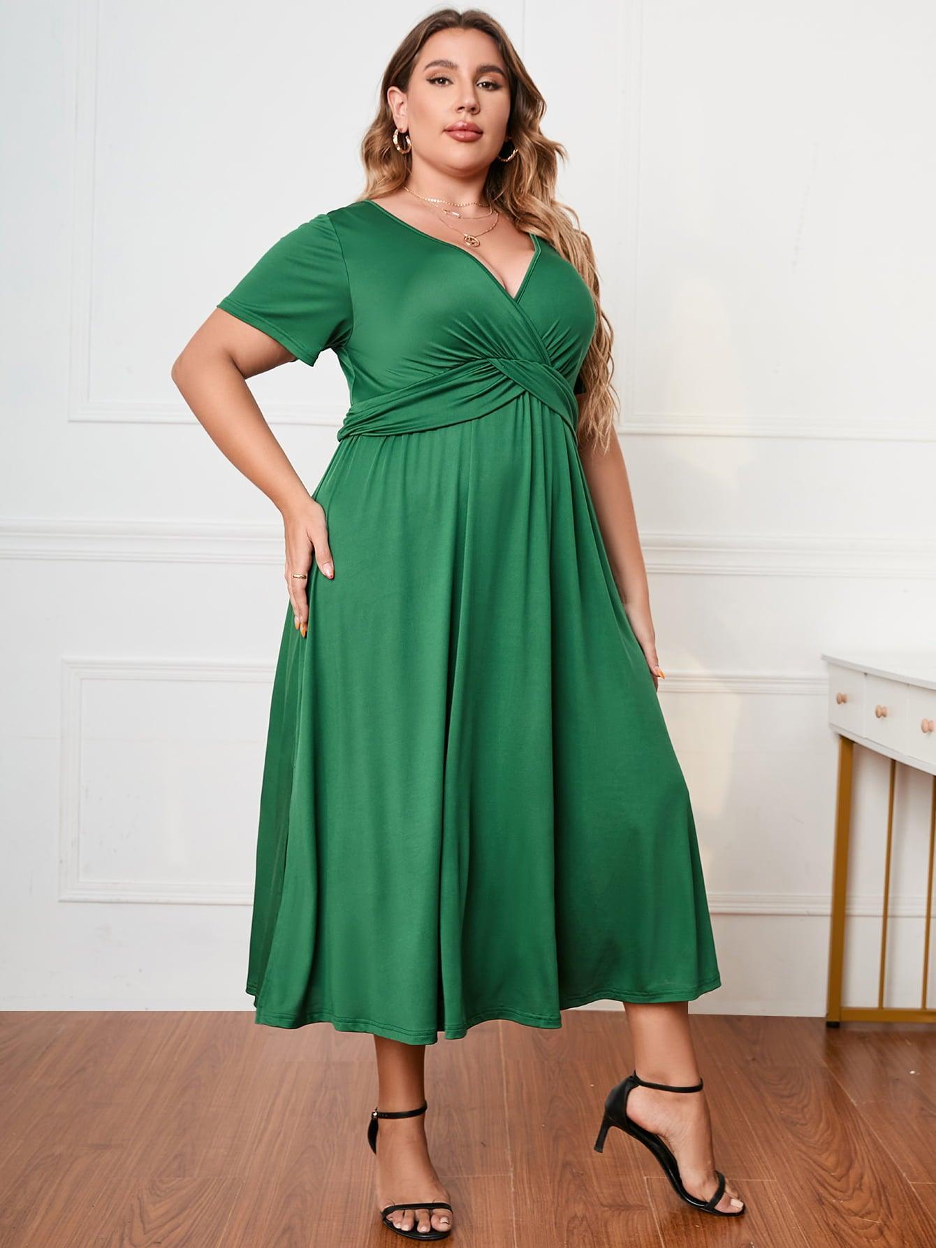 Lush And Easy Short Sleeve Plus Size Green Midi Dress - MXSTUDIO.COM