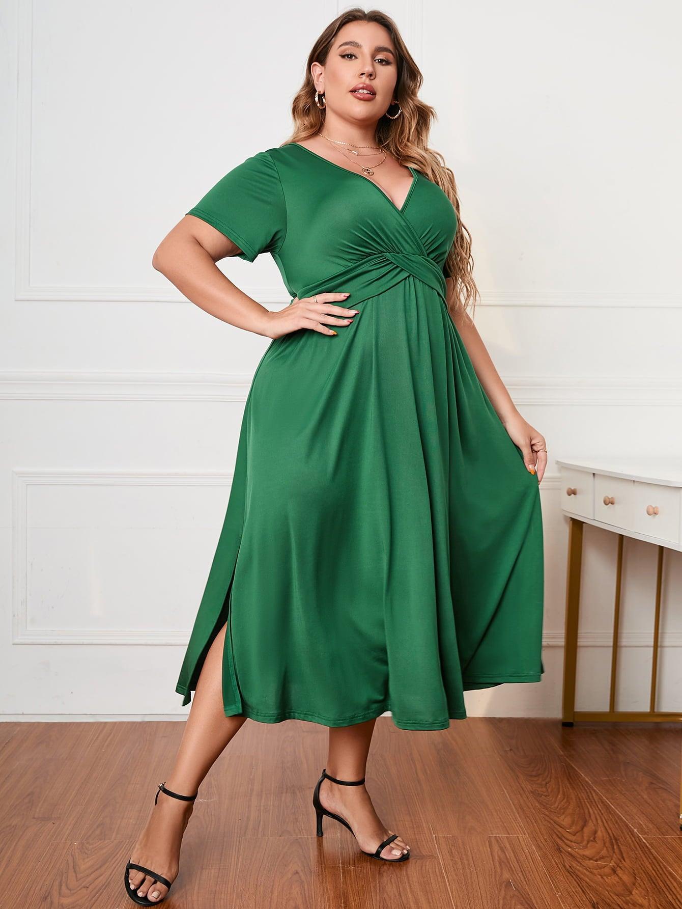 Lush And Easy Short Sleeve Plus Size Green Midi Dress - MXSTUDIO.COM